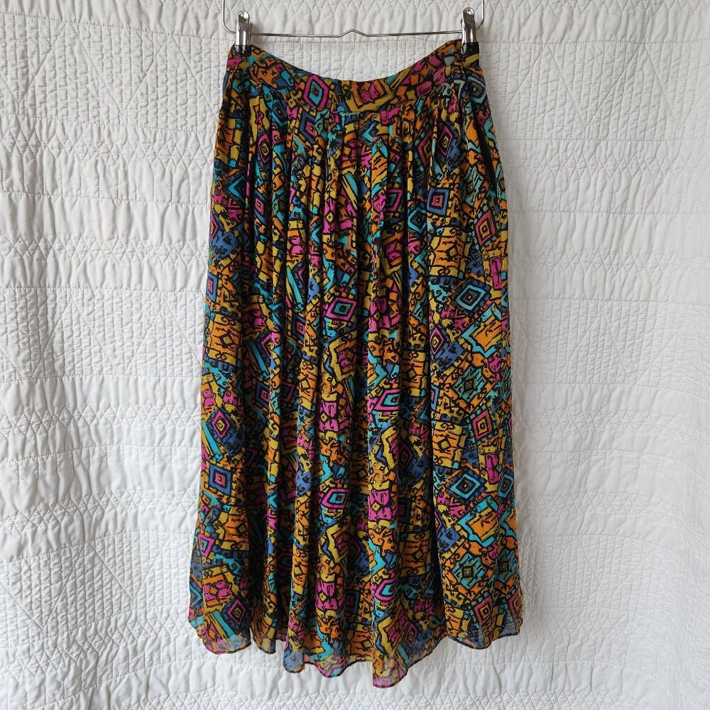 Vintage 100% Silk Private Agenda Midi Skirt | Size 6 | Bold Geo Print| Indie